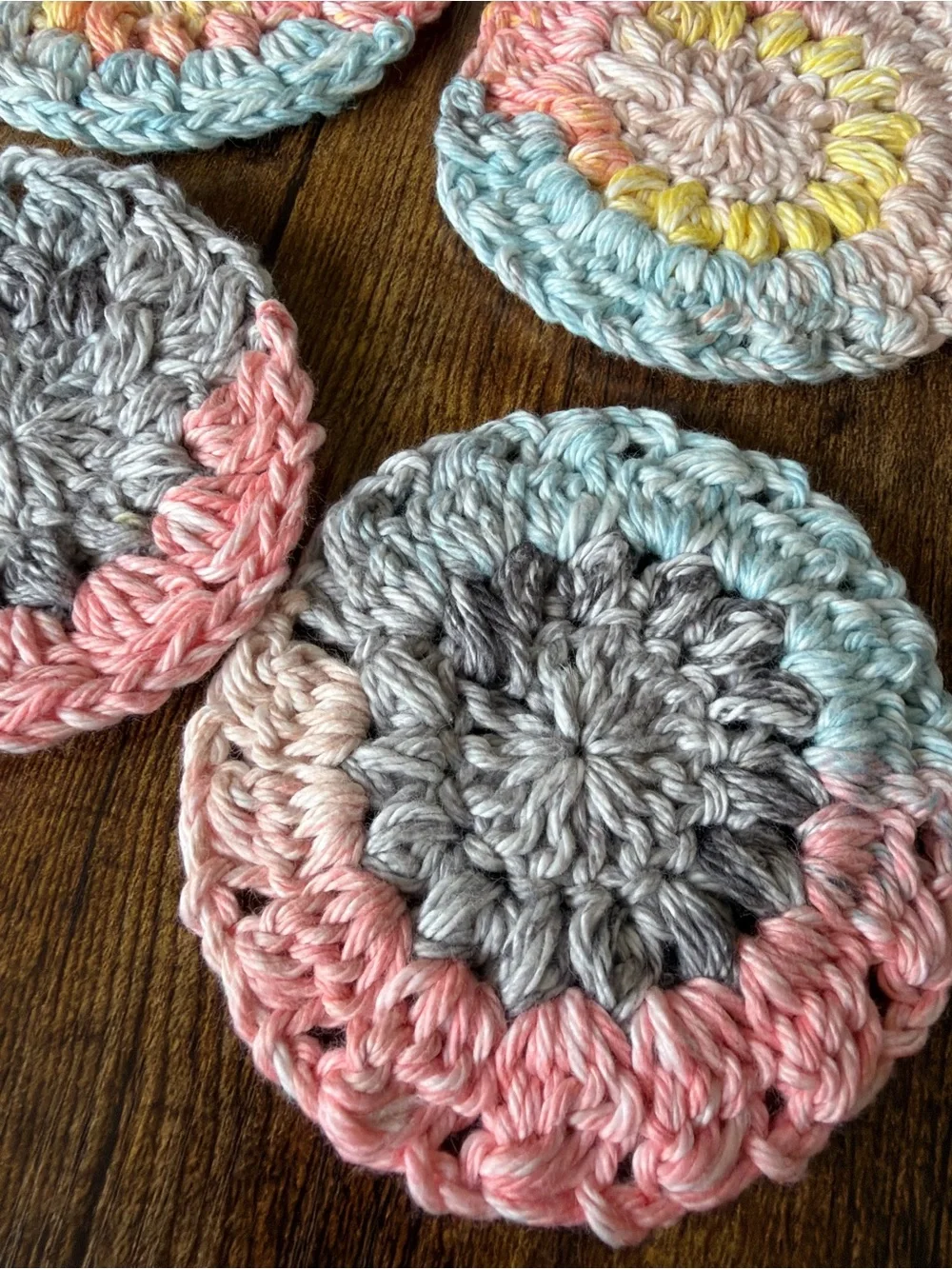 Hand Crafted Pastel Crochet Round Coasters in Pink, Blue, Gray, Cream